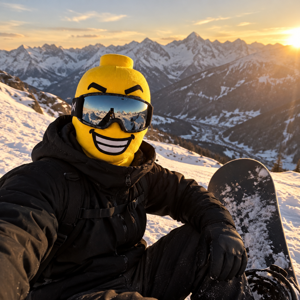 Yellow-Head Ski Mask snowboarder at sunset